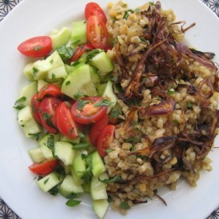 Lentil Barley Pilaf Topped with Crispy Caramelized Onions