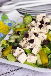 savory romaine salad with tofu feta