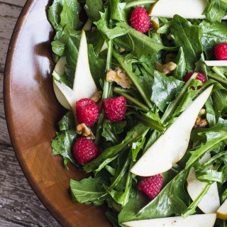 Warm Dandelion Greens Salad with Pears & Raspberries