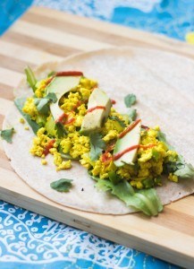 scrambled egg breakfast burrito open
